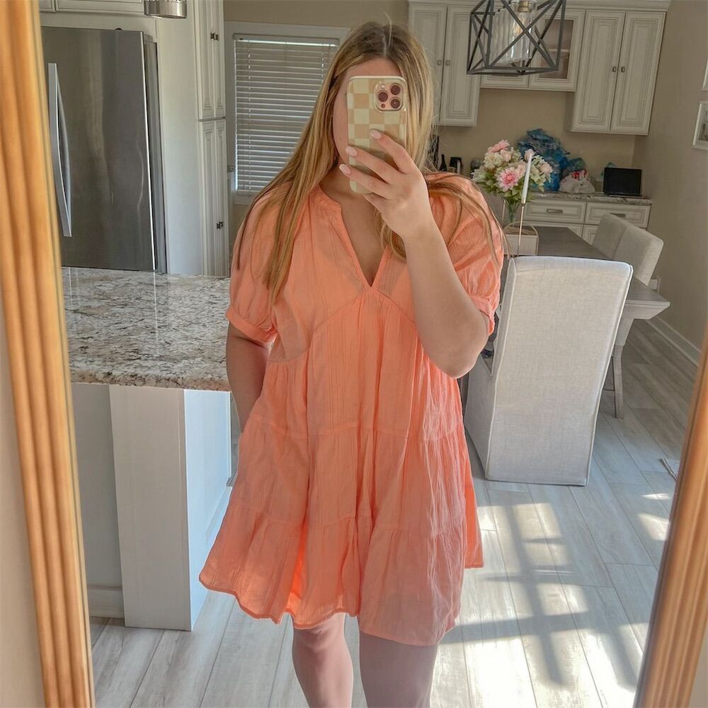 Universal Thread Women's Babydoll Dress Peach Size L Short Sleeve V-Neck…